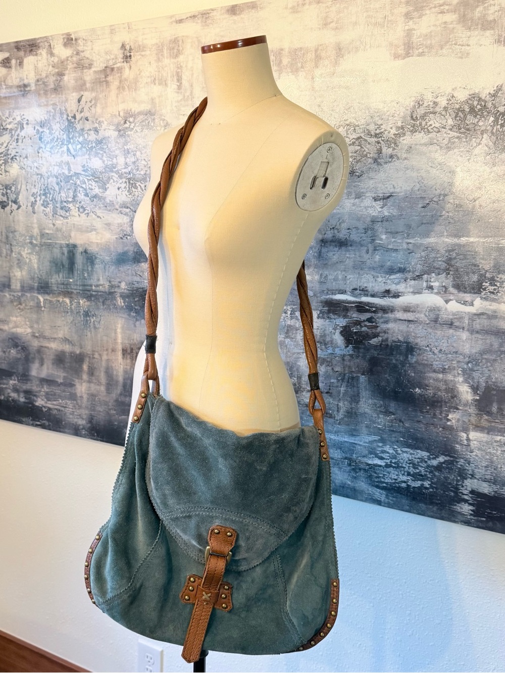 Y2K Vintage Lucky Brand‎ Suede Leather Crossbody Saddle Bag Teal turquoise